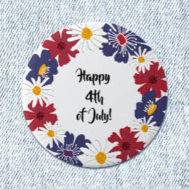 Chapa Redonda De 7 Cm Feliz 4 de julio al Fiesta Floral Azul Rojo