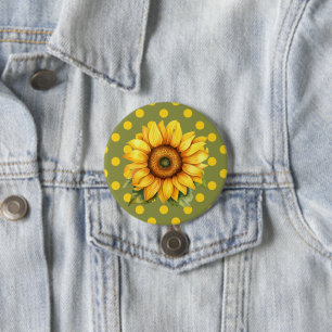 Chapa Redonda De 7 Cm Feliz girasol amarillo y verde al polka-dot
