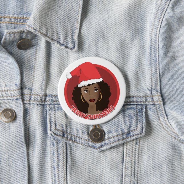 Chapa Redonda De 7 Cm Feliz Navidad, Black Woman Santa Hat (In situ)
