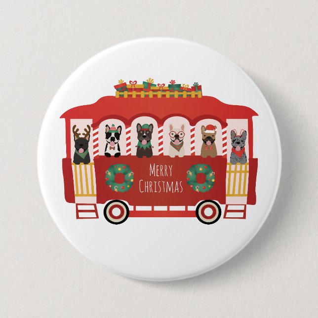 Chapa Redonda De 7 Cm Feliz Navidad Bulldoges franceses Holiday Trolly (Anverso)