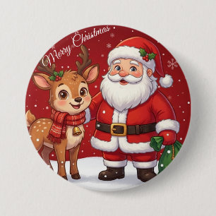 Chapa Redonda De 7 Cm Feliz Navidad con adorable Santa y reno
