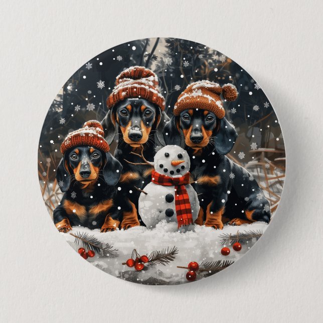 Chapa Redonda De 7 Cm Feliz Navidad Dachshund Perros Snowman (Anverso)