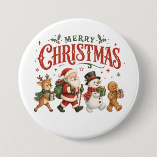 Chapa Redonda De 7 Cm Feliz Navidad Santa y Amigos