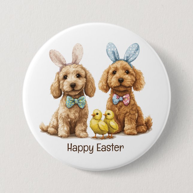 Chapa Redonda De 7 Cm Feliz Pascua Goldendoodle Dogs (Anverso)