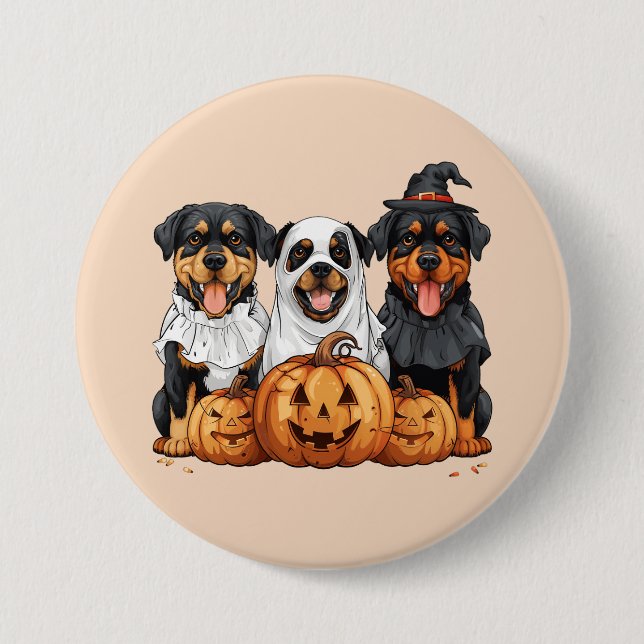 Chapa Redonda De 7 Cm Feliz Rottweiler de Halloween perros Jack O Lanter (Anverso)