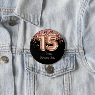 Chapa Redonda De 7 Cm Fiesta de 15 cumpleaños Rose Gold Black