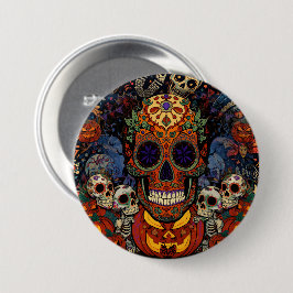 Chapa Redonda De 7 Cm Fiesta de Calabazas de Cráneo de Azúcar, Calavera 