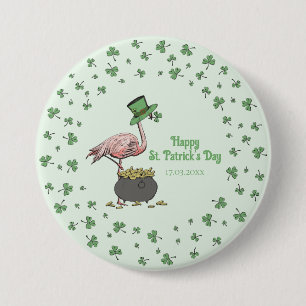 Chapa Redonda De 7 Cm Fiesta de San Patricio Flamingo Trébol Irlandés Bu