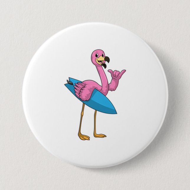 Chapa Redonda De 7 Cm Flamingo como surfista con Surfboard (Anverso)