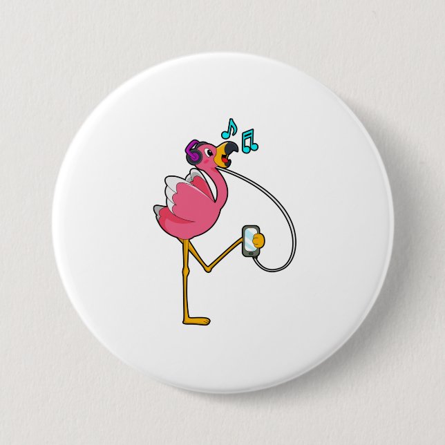 Chapa Redonda De 7 Cm Flamingo en Music with Headphone (Anverso)