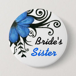 Chapa Redonda De 7 Cm Flor azul con hojas negras y remolinos