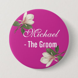 Chapa Redonda De 7 Cm flor vintage de magnolia en rosa. boda novio