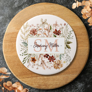 Chapa Redonda De 7 Cm Floral Silvestre Otoñal Acuarela Monograma Elegant