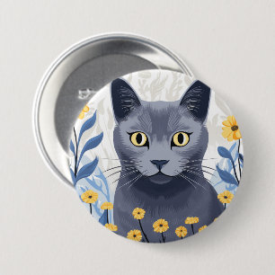 Chapa Redonda De 7 Cm Flores amarillas de gato azul ruso