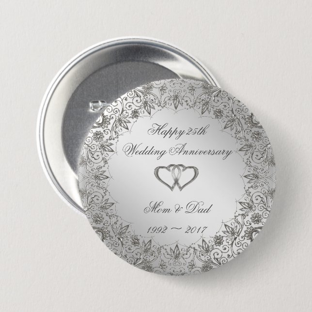 Chapa Redonda De 7 Cm Flourish Silver 25° Aniversario del Boda  (Anverso y reverso)
