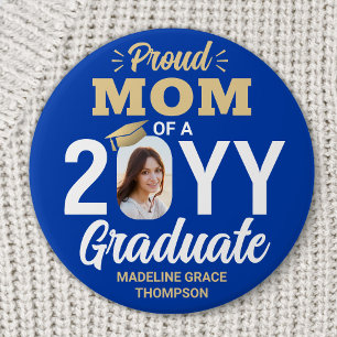 Chapa Redonda De 7 Cm Foto de Graduado Orgullosa Mamá Moderno Azul Real 