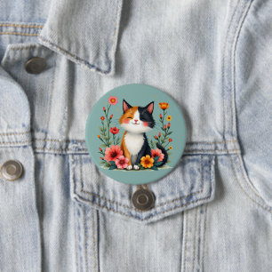 Chapa Redonda De 7 Cm Gato Calico Adorable con Cottagecore Floral