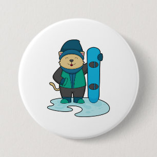 Chapa Redonda De 7 Cm Gato como snowboarder con Snowboard