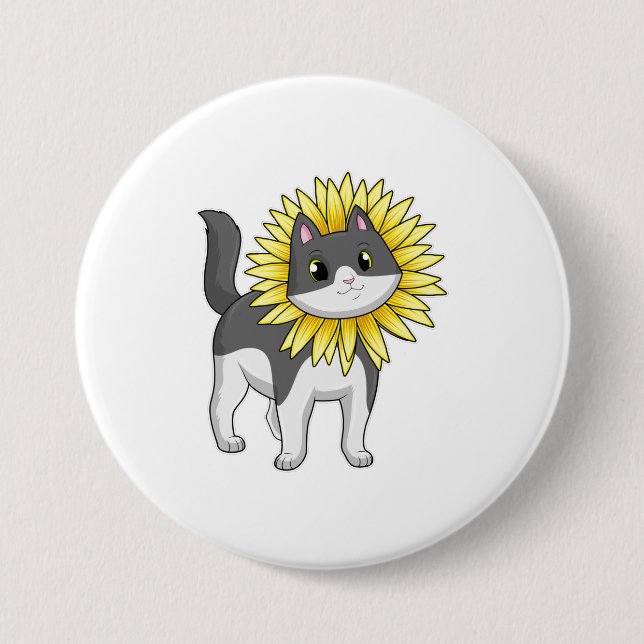 Chapa Redonda De 7 Cm Gato con girasol (Anverso)