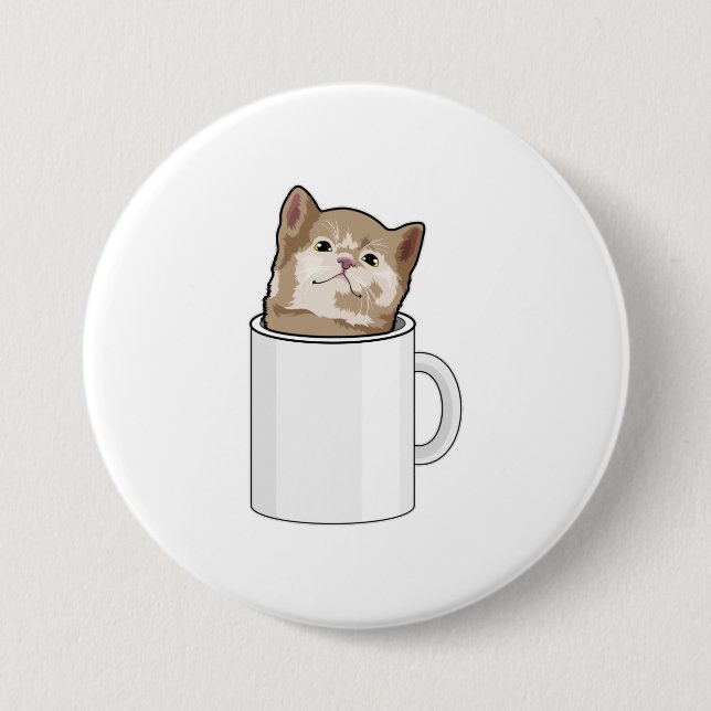 Chapa Redonda De 7 Cm Gato con tazón de café (Anverso)