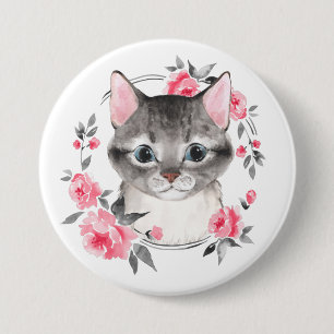 Chapa Redonda De 7 Cm Gato gris con flores. Acuarela