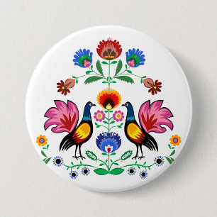 Chapa Redonda De 7 Cm Gente polaca con floral decorativo y los pollos