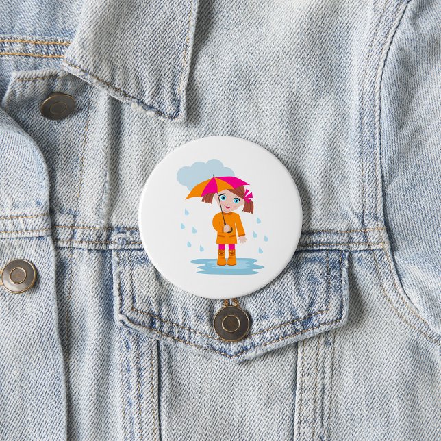 Chapa Redonda De 7 Cm Girl with Umbrella in Rain Kids Rainy Day (Subido por el creador)