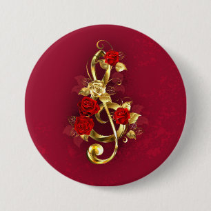 Chapa Redonda De 7 Cm Golden Treble Clef con flores Rosas