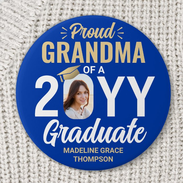 Chapa Redonda De 7 Cm Graduate Photo Proud Grandma Royal Blue and Gold (Subido por el creador)