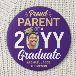 Chapa Redonda De 7 Cm Graduate Photo Proud Parent Modern Purple & Gold