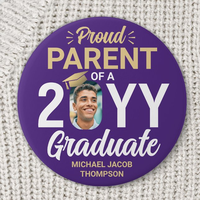 Chapa Redonda De 7 Cm Graduate Photo Proud Parent Modern Purple & Gold (Subido por el creador)