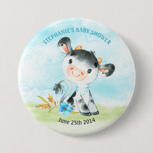 Chapa Redonda De 7 Cm Granja Baby Shower Watercolor Boy Cow