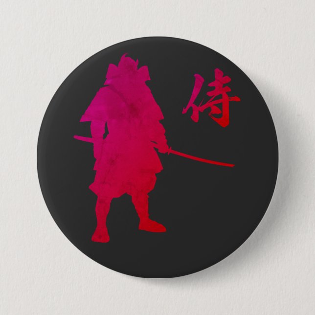 Chapa Redonda De 7 Cm Guerrero samurai armado con caligrafía japonesa (Anverso)