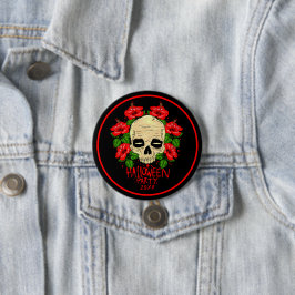 Chapa Redonda De 7 Cm Halloween año 20xx Skull Rojo Hibiscus Negro