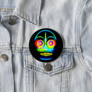 Chapa Redonda De 7 Cm Halloween Neon Look Glow Blue Yellow Skull