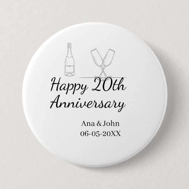 Chapa Redonda De 7 Cm Happy 20th anniversary champagne bottle glass name (Anverso)
