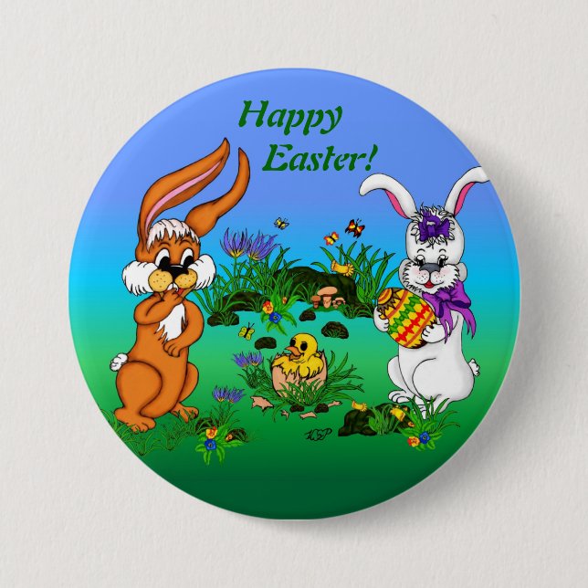 Chapa Redonda De 7 Cm Happy Easter! Rabbit with Bunny and Chick (Anverso)