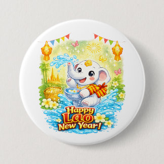 Chapa Redonda De 7 Cm Happy Lao New Year – Cute White Elephant Pi Mai La