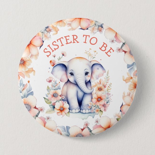 Chapa Redonda De 7 Cm Hermana de Baby Shower para bebé elefante Chica (Anverso)