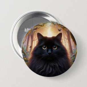 Chapa Redonda De 7 Cm Hermoso Gato Negro Fluffy con Ojos de Oro
