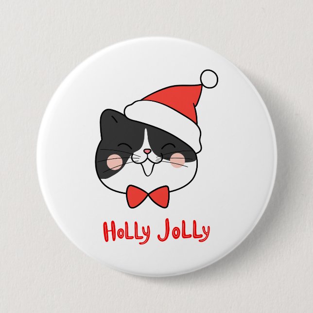 Chapa Redonda De 7 Cm Holly Jolly Cute Kawaii Santa Cat (Anverso)