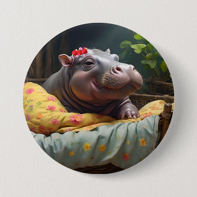 Chapa Redonda De 7 Cm "Huggles de la mañana: El bebé Hippo se despierta  (Anverso)