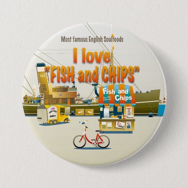 Chapa Redonda De 7 Cm I love FISH & CHIPS (Anverso)