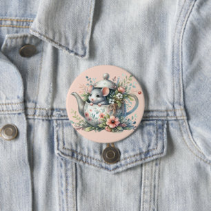 Chapa Redonda De 7 Cm Ilustración de ratón lindo en tetera floral