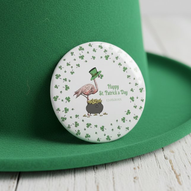 Chapa Redonda De 7 Cm Irish Shamrock Flamingo St. Patrick’s Day Party (St Patrick's Day Party Pins. Funny  Irish Pink Flamingo & Green Leprechaun Hat, Shamrock Border)