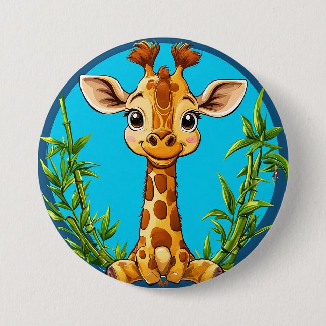 Chapa Redonda De 7 Cm Jirafa de dibujos animados adorable con bambú (Anverso)