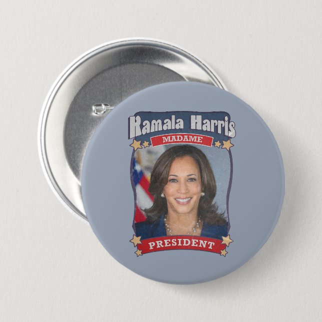 Chapa Redonda De 7 Cm Kamala Harris Madame President Card (Anverso y reverso)