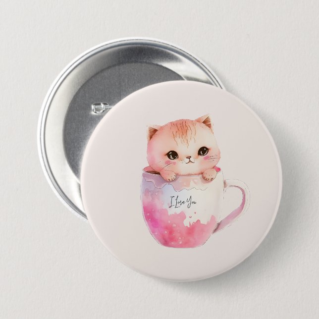 Chapa Redonda De 7 Cm Kawaii Blushing Pink Chibi Cat (Anverso y reverso)