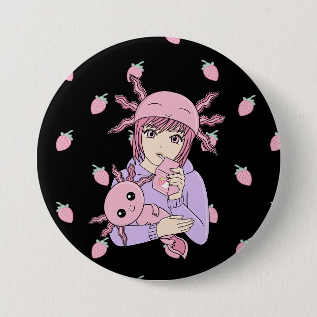 Chapa Redonda De 7 Cm Kawaii Cute Axolotl Fresa Anime (Anverso)