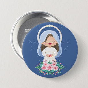 Chapa Redonda De 7 Cm Kawaii Virgen María con Corazón – Azul Oscuro
